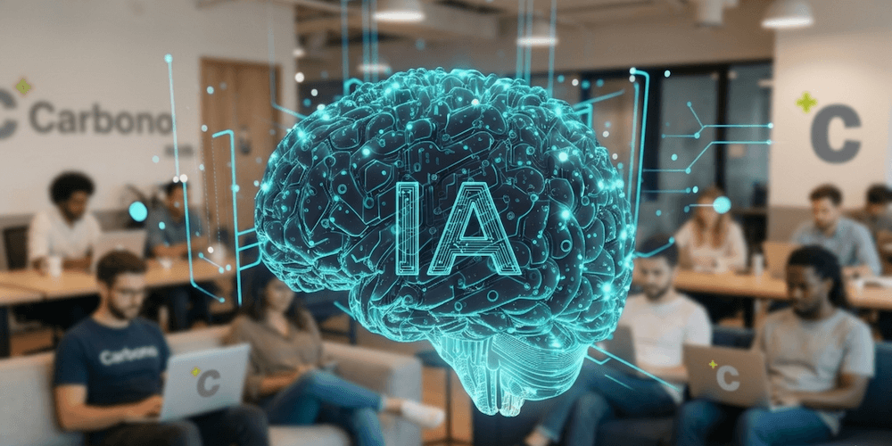 Cerebro azul circuitos digitales domina primer plano, fondo equipo agencia marketing colabora intensamente.