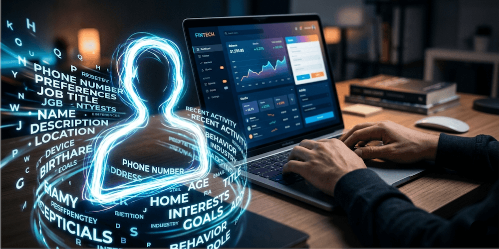 Perfil usuario forma torbellino eléctrico palabras, fondo persona opera app financiera laptop plateada.