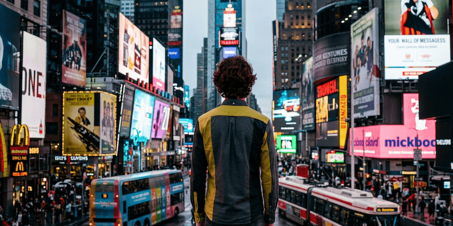 Chico pelirrojo de espaldas contempla mar de anuncios luminosos en calle moderna tipo Times Square.
