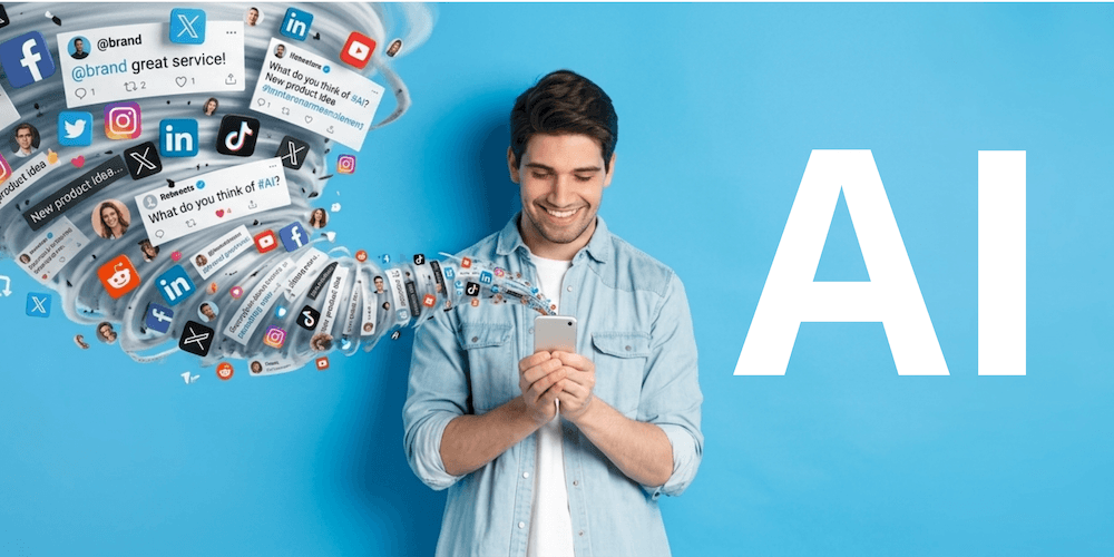 Joven consulta su celular rodeado de torbellino de comentarios en redes sociales, fondo azul con letras AI gigantes.