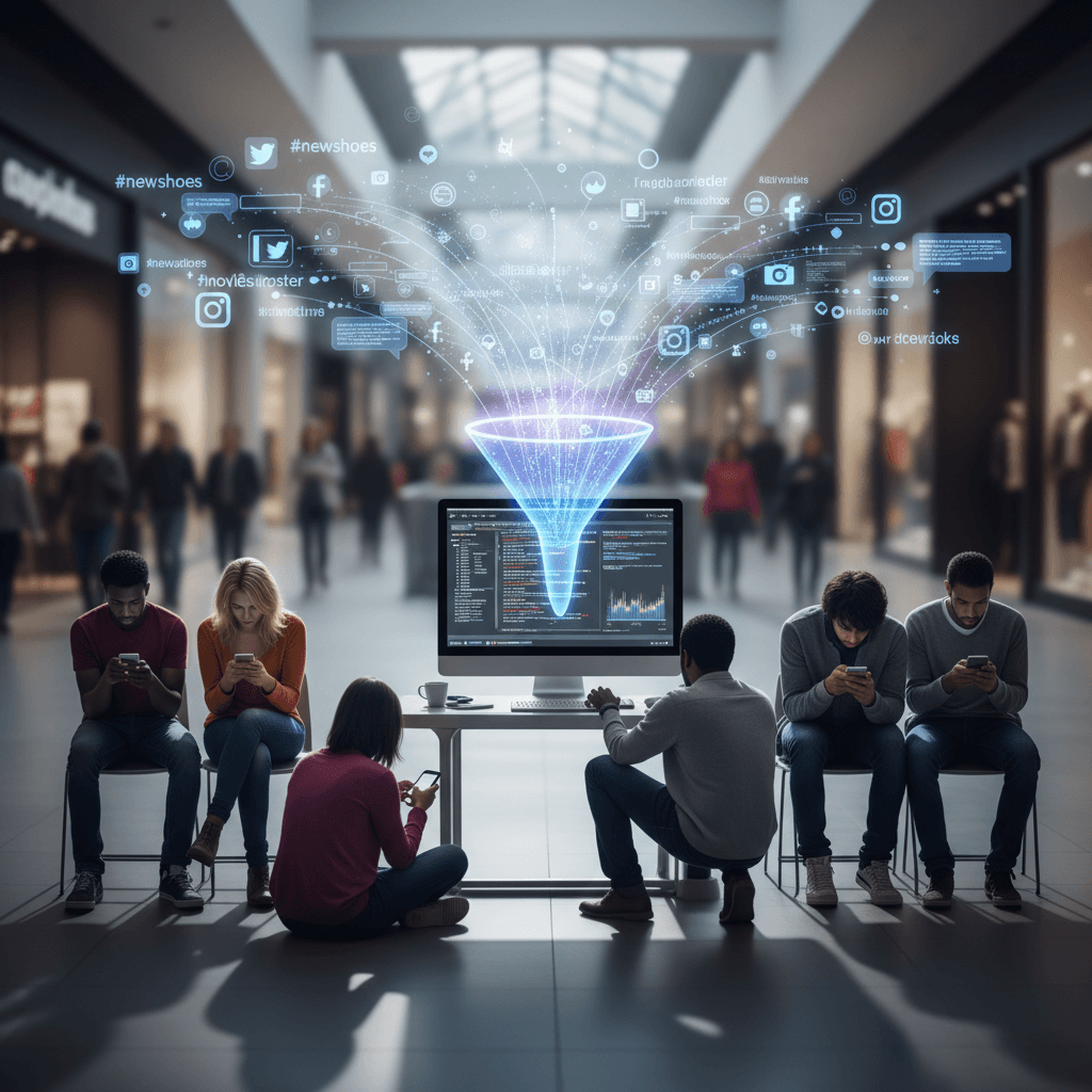 Personas en un centro comercial inmersos en sus teléfonos. Enviando Insights por redes sociales.