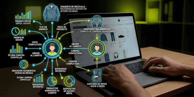Diagrama eventos e-commerce genera datos, persona interactúa sitio web en laptop fondo desenfocado.