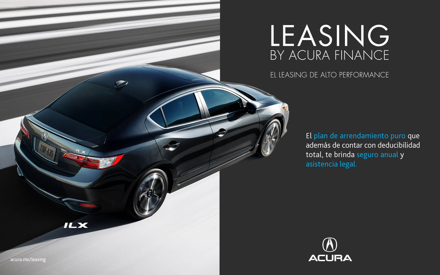 Acura ILX negro en publicidad Leasing, fondo mitad carretera y mitad negro.