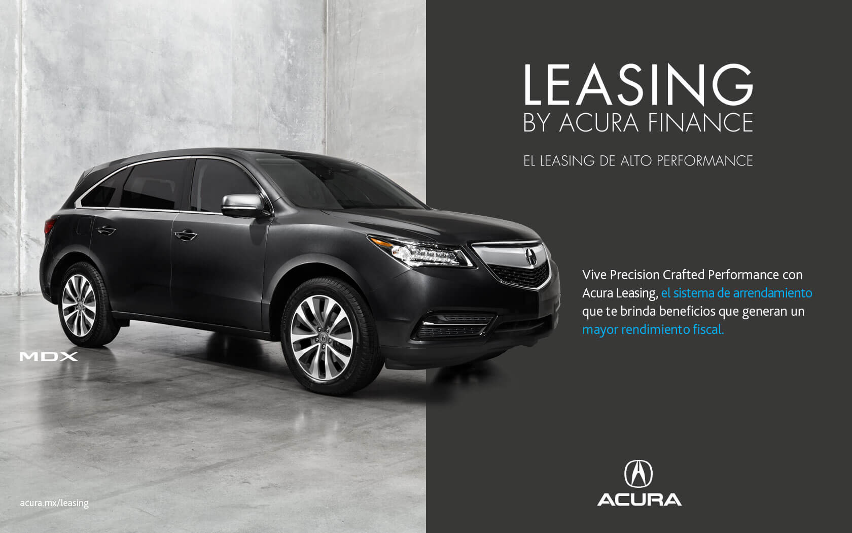 Acura MDX negro en anuncio Leasing Acura, fondo mitad showroom gris y mitad negro.
