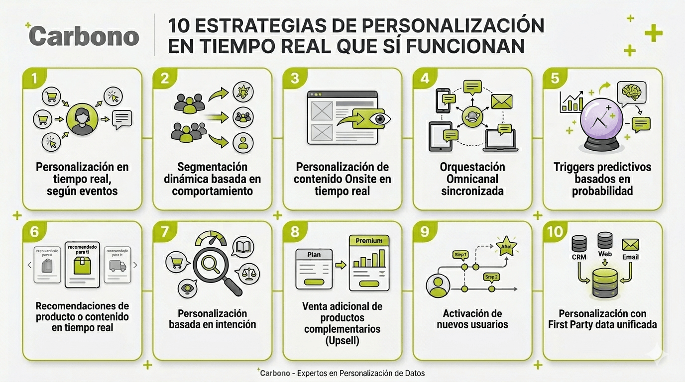 Infografía con 10 estrategias de personalización en tiempo real por Insider One con Carbono.