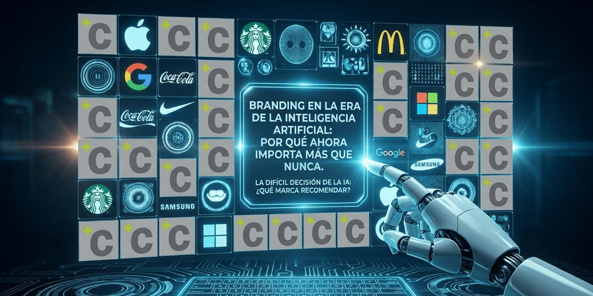 Mano de inteligencia artificial elige marca recomendada en pantalla de cristal, con logotipos ordenados en retícula.