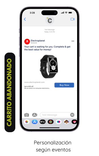 Celular mostrando recordatorio de carrito abandonado, con personalización en tiempo real. Insider One con Carbono.