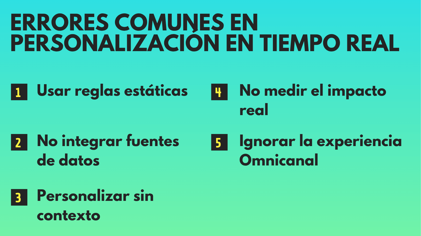 Infografía cinco errores comunes en personalización en tiempo real.