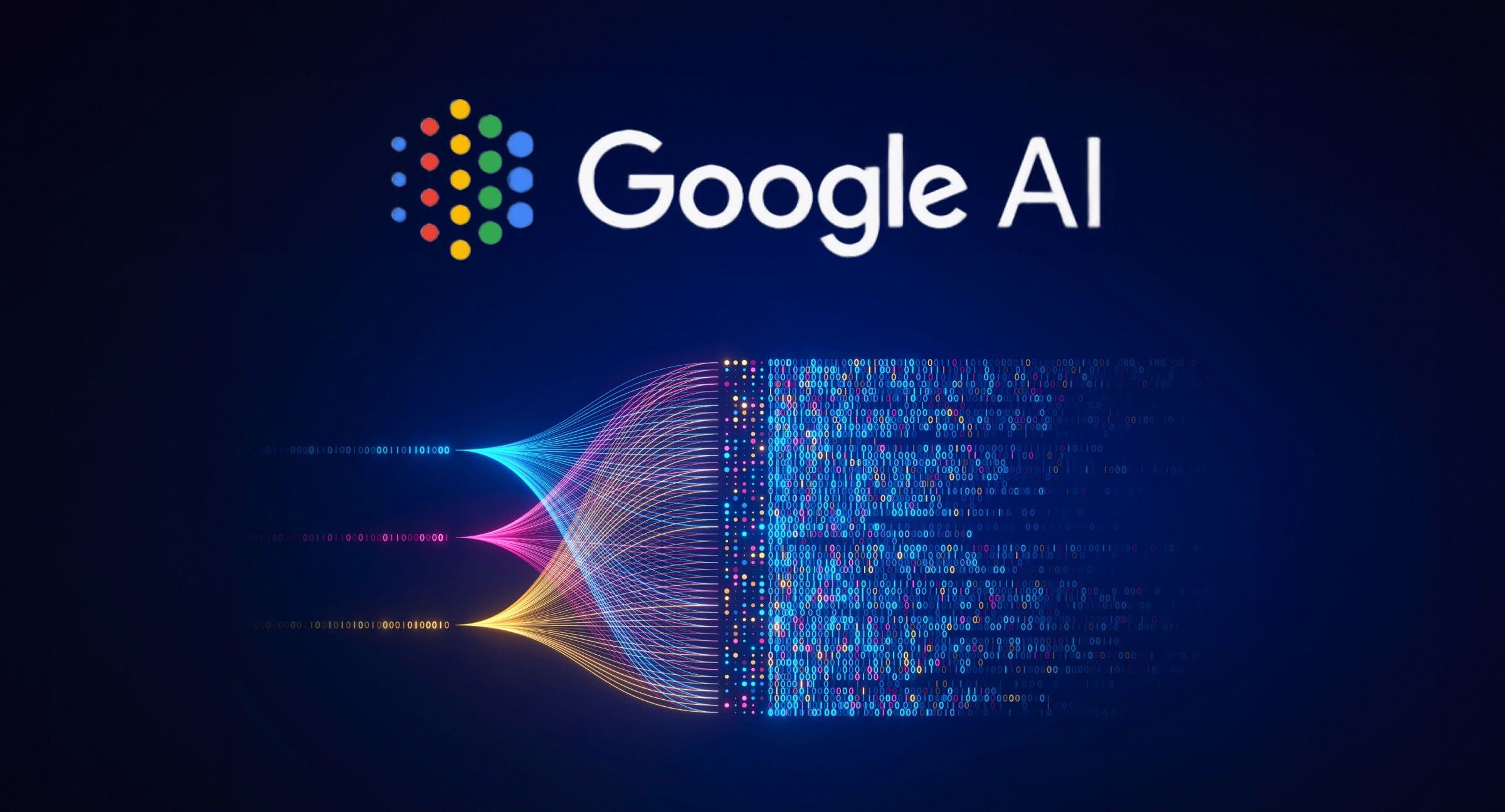 Diagrama de líneas entramadas en azul, magenta y amarillo que evolucionan hacia datos binarios, con leyenda "Google AI" destacando en fondo azul marino profundo.
