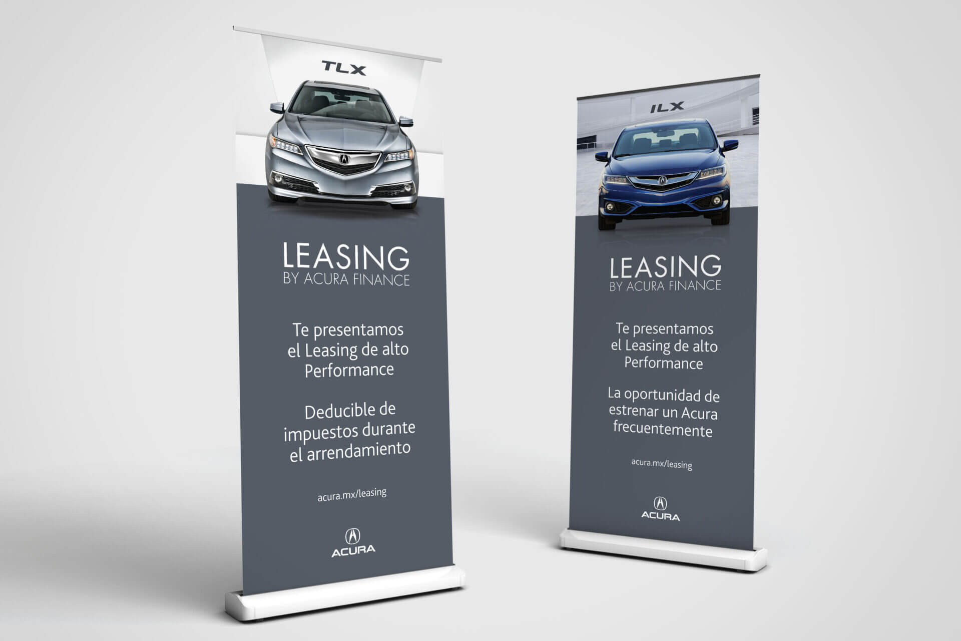 Roll-up banners de la campaña Leasing Acura destacando modelo ILX azul y TLX gris.