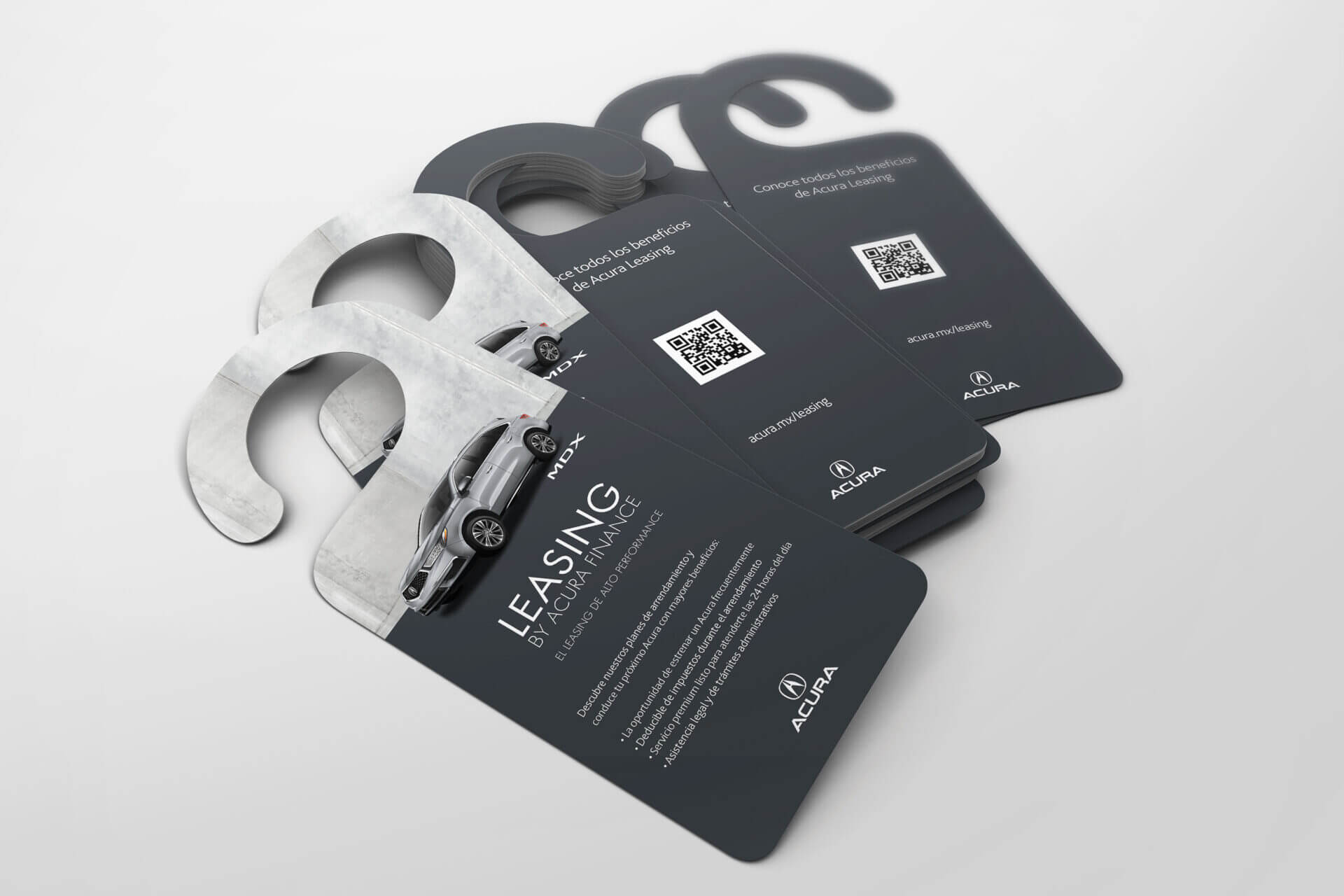 Corbatín de la campaña Leasing Acura en tonos negro-gris, mostrando un Acura MDX gris.