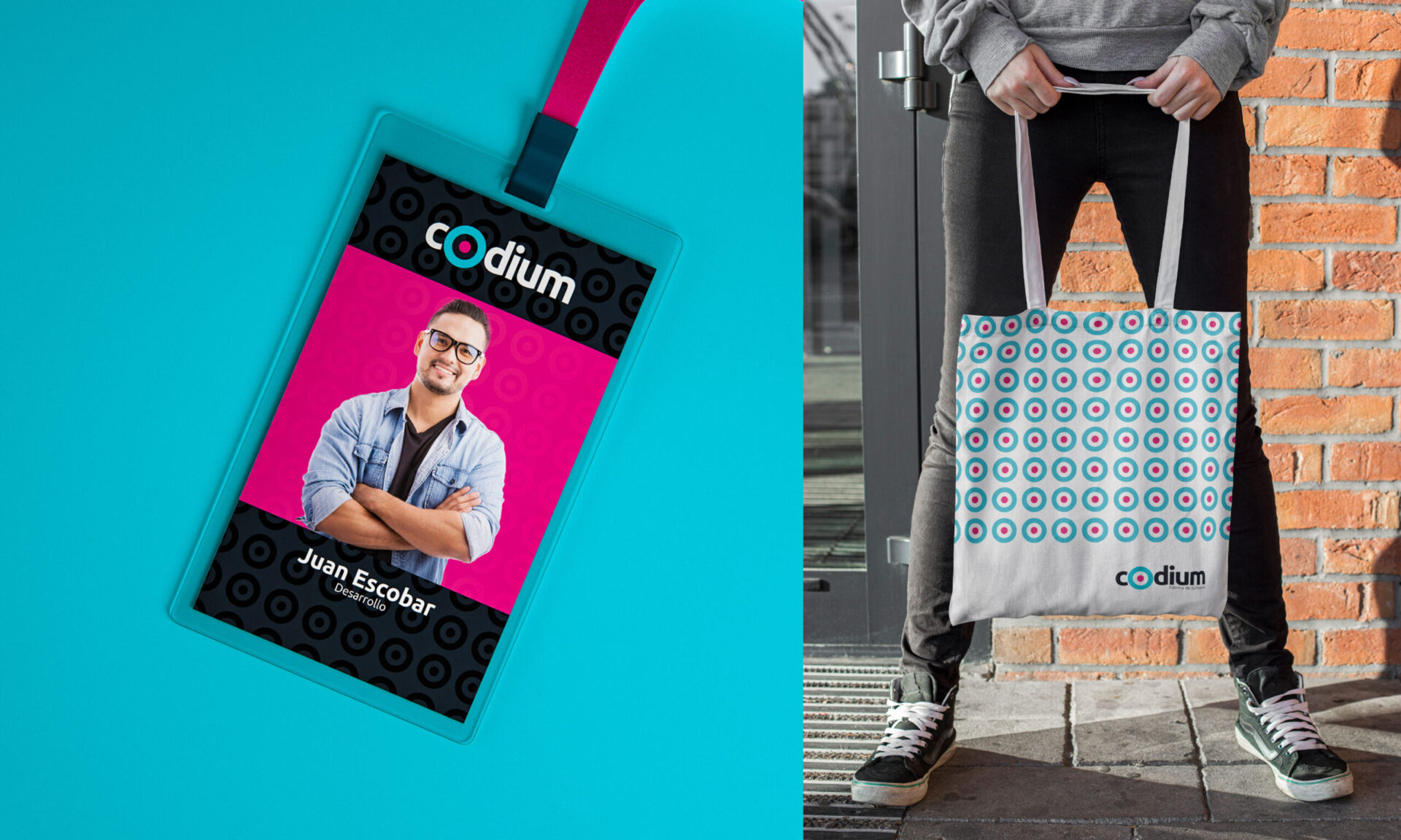 Branding para CODIUM por Carbono Agencia, con aplicación en gafete y tote bag de la marca.