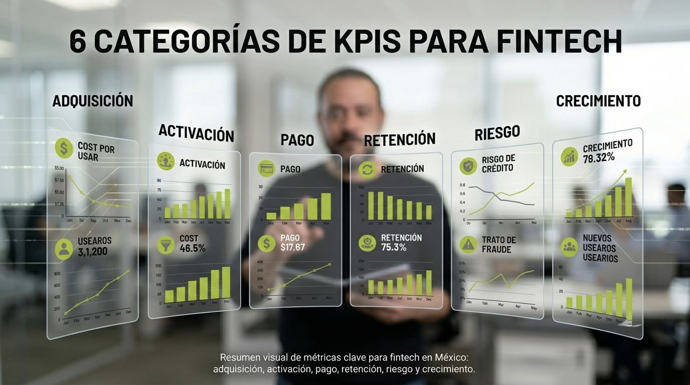 6 Categorías de KPIs para fintech en México y LATAM por Carbono Agencia: adquisición, activación, pago, retención, riesgo y crecimiento.