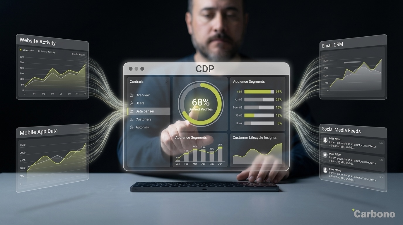 Miguel Alfaro de Carbono Agencia interactuando con la Customer Data Platform (CDP) de Insider One para activar datos y personalización en tiempo real.